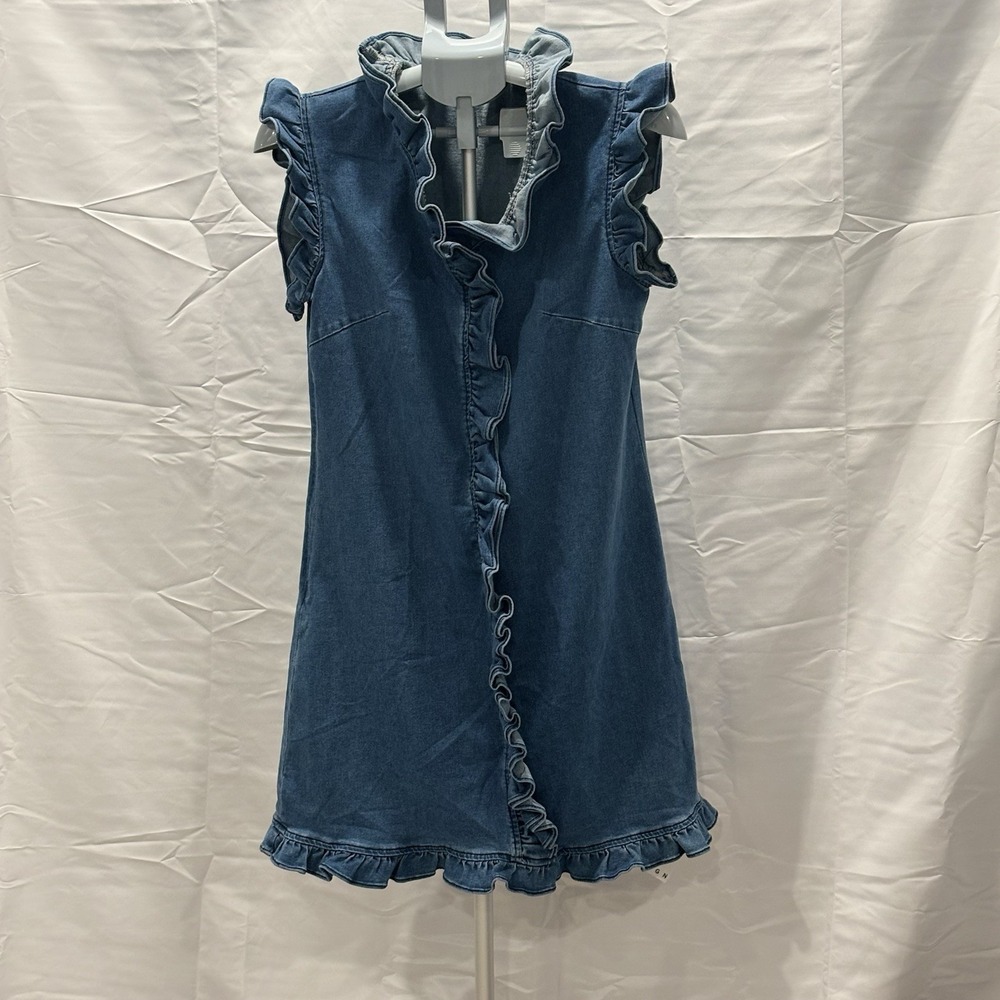 Cherry Betty Ruffled Denim Dress Blue V-Neck Midi Sleeveless Retro 90s Size S 4 - Picture 3 of 11